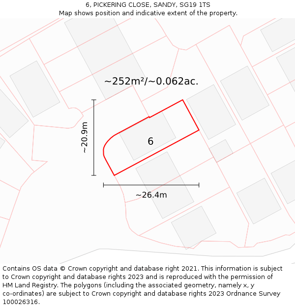 6, PICKERING CLOSE, SANDY, SG19 1TS: Plot and title map