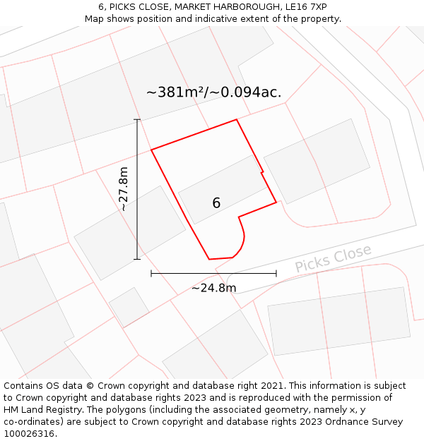6, PICKS CLOSE, MARKET HARBOROUGH, LE16 7XP: Plot and title map