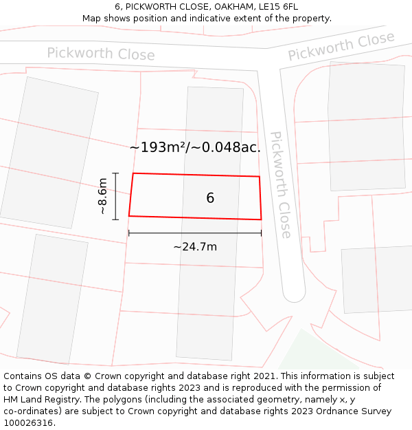 6, PICKWORTH CLOSE, OAKHAM, LE15 6FL: Plot and title map