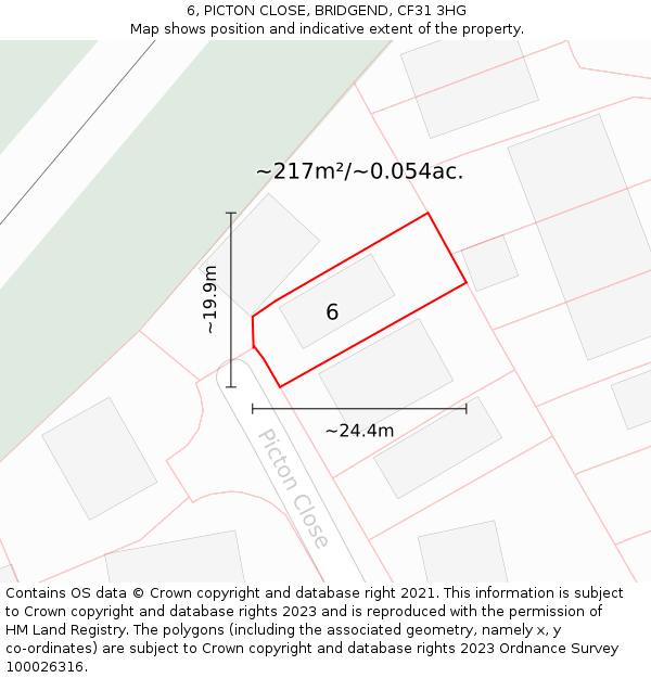 6, PICTON CLOSE, BRIDGEND, CF31 3HG: Plot and title map