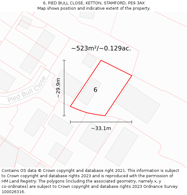 6, PIED BULL CLOSE, KETTON, STAMFORD, PE9 3AX: Plot and title map