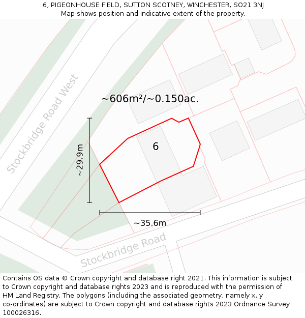 6, PIGEONHOUSE FIELD, SUTTON SCOTNEY, WINCHESTER, SO21 3NJ: Plot and title map