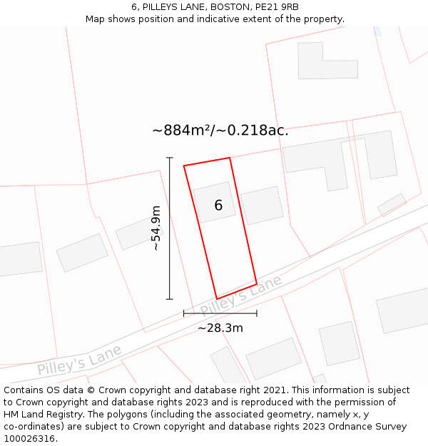 6, PILLEYS LANE, BOSTON, PE21 9RB: Plot and title map
