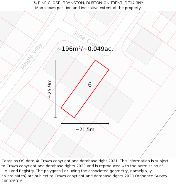 6, PINE CLOSE, BRANSTON, BURTON-ON-TRENT, DE14 3NY: Plot and title map