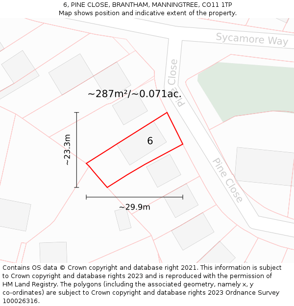 6, PINE CLOSE, BRANTHAM, MANNINGTREE, CO11 1TP: Plot and title map