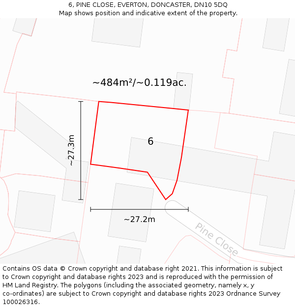 6, PINE CLOSE, EVERTON, DONCASTER, DN10 5DQ: Plot and title map