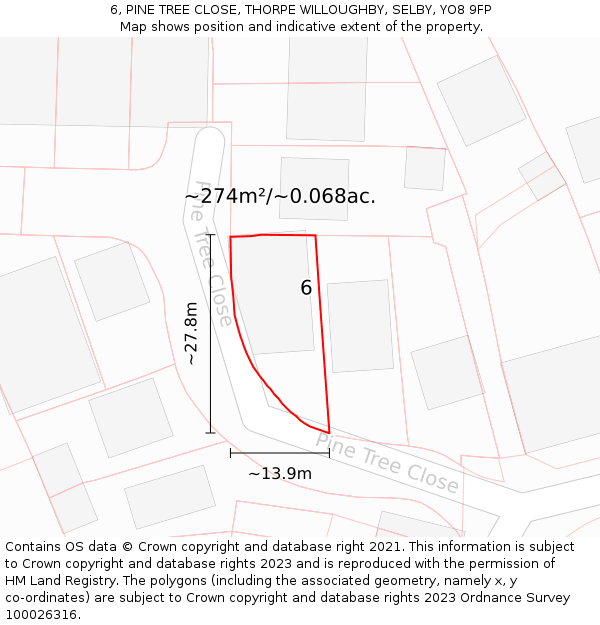6, PINE TREE CLOSE, THORPE WILLOUGHBY, SELBY, YO8 9FP: Plot and title map