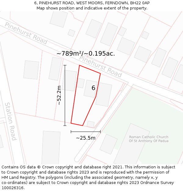 6, PINEHURST ROAD, WEST MOORS, FERNDOWN, BH22 0AP: Plot and title map