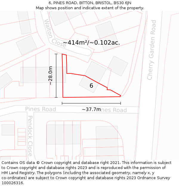 6, PINES ROAD, BITTON, BRISTOL, BS30 6JN: Plot and title map
