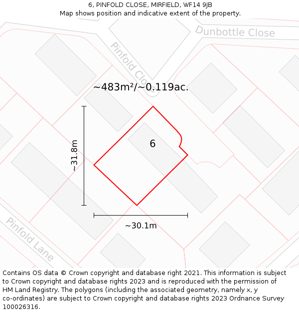 6, PINFOLD CLOSE, MIRFIELD, WF14 9JB: Plot and title map
