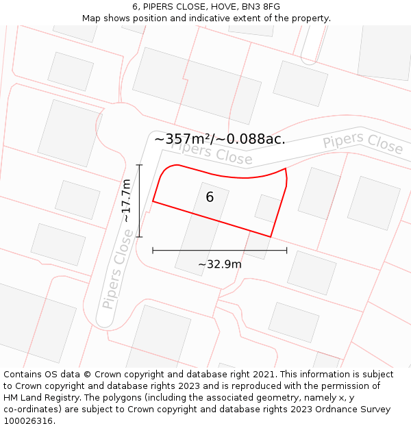 6, PIPERS CLOSE, HOVE, BN3 8FG: Plot and title map