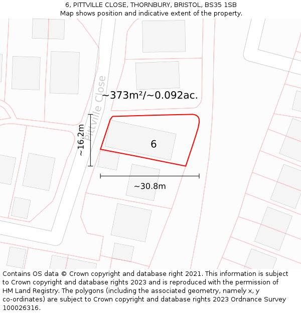 6, PITTVILLE CLOSE, THORNBURY, BRISTOL, BS35 1SB: Plot and title map