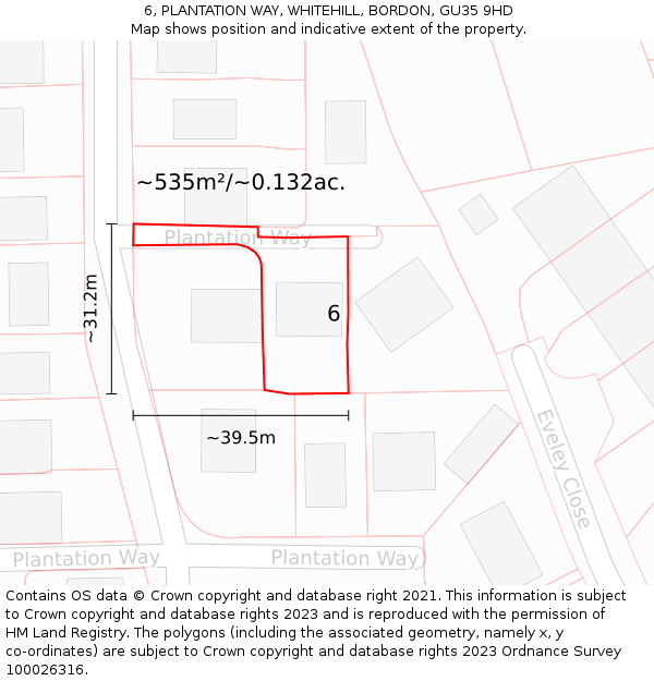 6, PLANTATION WAY, WHITEHILL, BORDON, GU35 9HD: Plot and title map