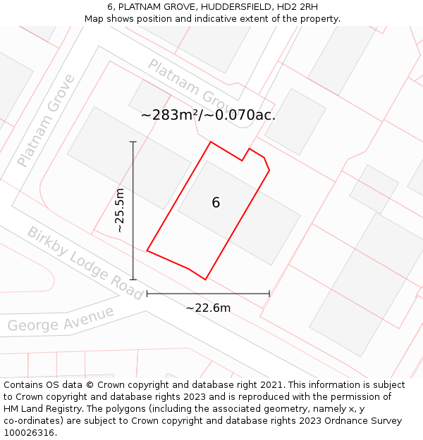 6, PLATNAM GROVE, HUDDERSFIELD, HD2 2RH: Plot and title map