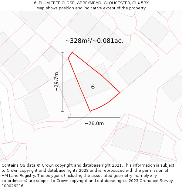 6, PLUM TREE CLOSE, ABBEYMEAD, GLOUCESTER, GL4 5BX: Plot and title map
