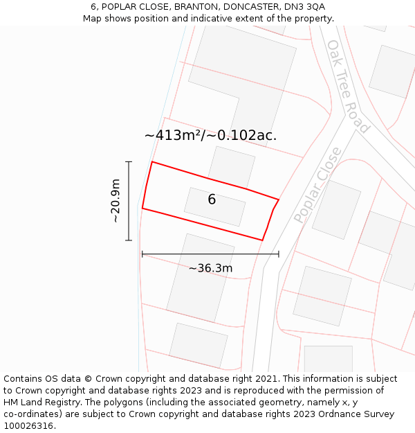 6, POPLAR CLOSE, BRANTON, DONCASTER, DN3 3QA: Plot and title map