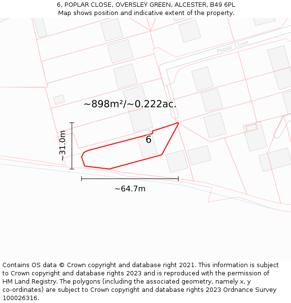 6, POPLAR CLOSE, OVERSLEY GREEN, ALCESTER, B49 6PL: Plot and title map