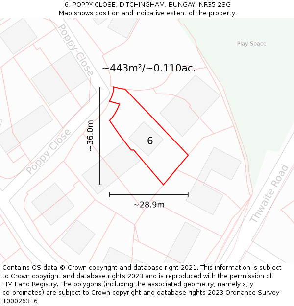 6, POPPY CLOSE, DITCHINGHAM, BUNGAY, NR35 2SG: Plot and title map