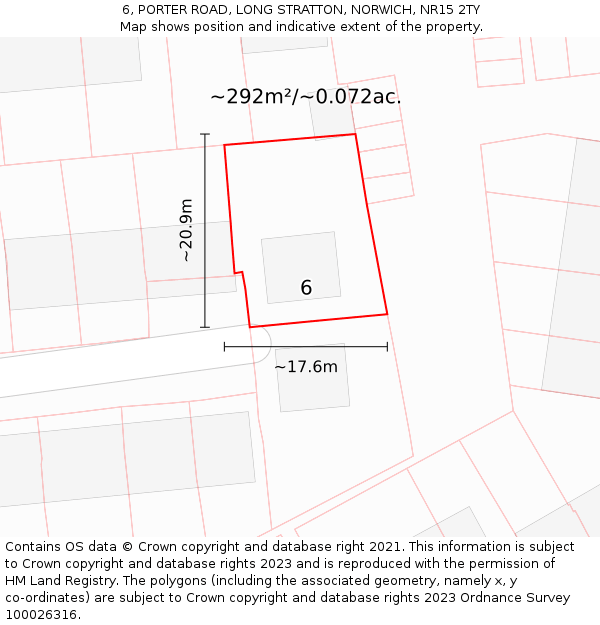 6, PORTER ROAD, LONG STRATTON, NORWICH, NR15 2TY: Plot and title map