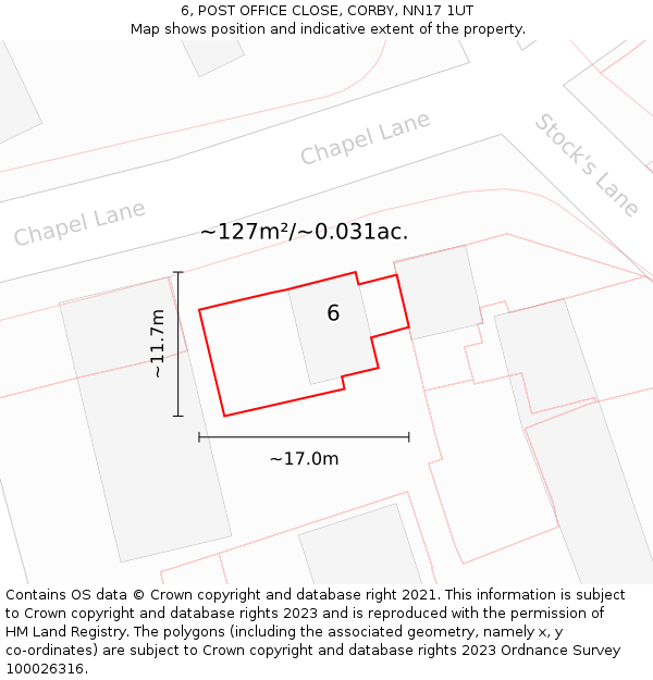 6, POST OFFICE CLOSE, CORBY, NN17 1UT: Plot and title map