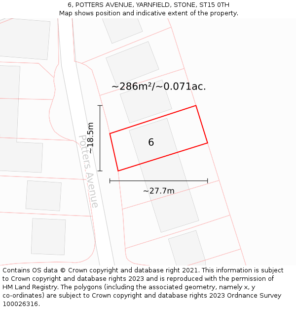 6, POTTERS AVENUE, YARNFIELD, STONE, ST15 0TH: Plot and title map