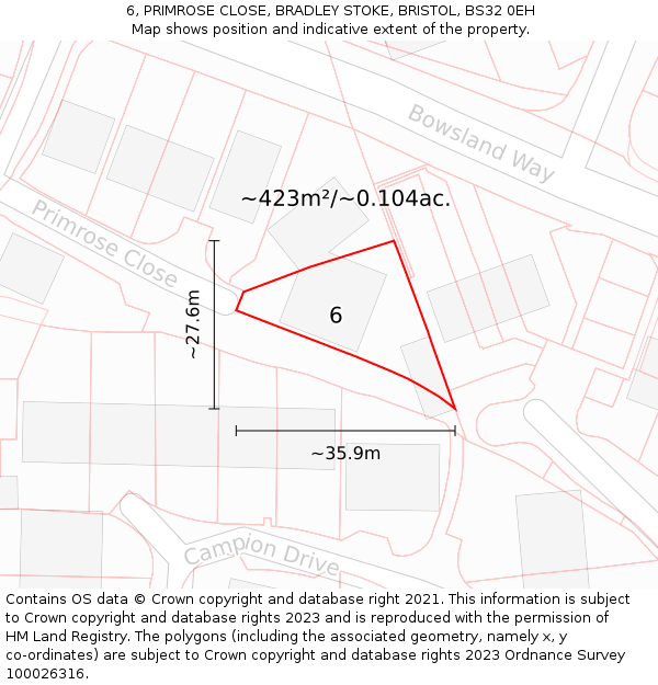 6, PRIMROSE CLOSE, BRADLEY STOKE, BRISTOL, BS32 0EH: Plot and title map
