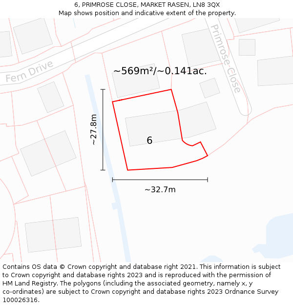 6, PRIMROSE CLOSE, MARKET RASEN, LN8 3QX: Plot and title map