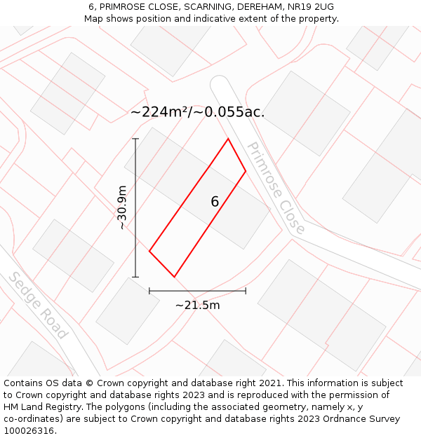 6, PRIMROSE CLOSE, SCARNING, DEREHAM, NR19 2UG: Plot and title map