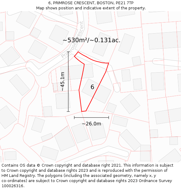 6, PRIMROSE CRESCENT, BOSTON, PE21 7TP: Plot and title map