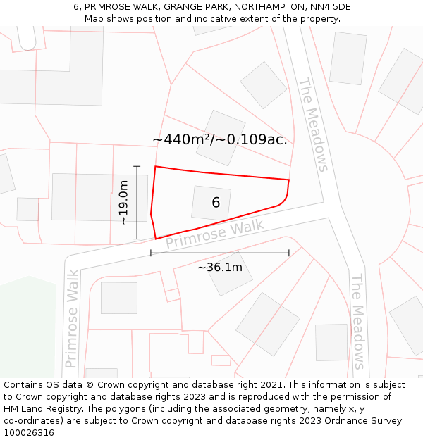 6, PRIMROSE WALK, GRANGE PARK, NORTHAMPTON, NN4 5DE: Plot and title map