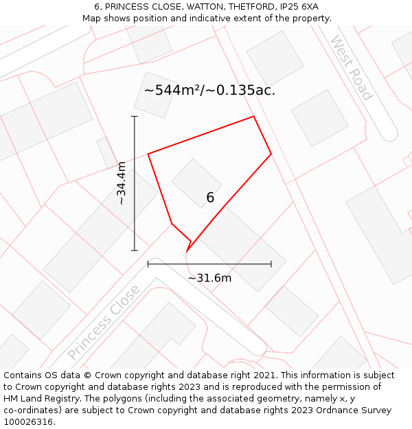 6, PRINCESS CLOSE, WATTON, THETFORD, IP25 6XA: Plot and title map