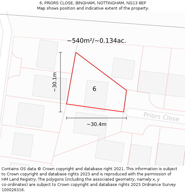 6, PRIORS CLOSE, BINGHAM, NOTTINGHAM, NG13 8EP: Plot and title map