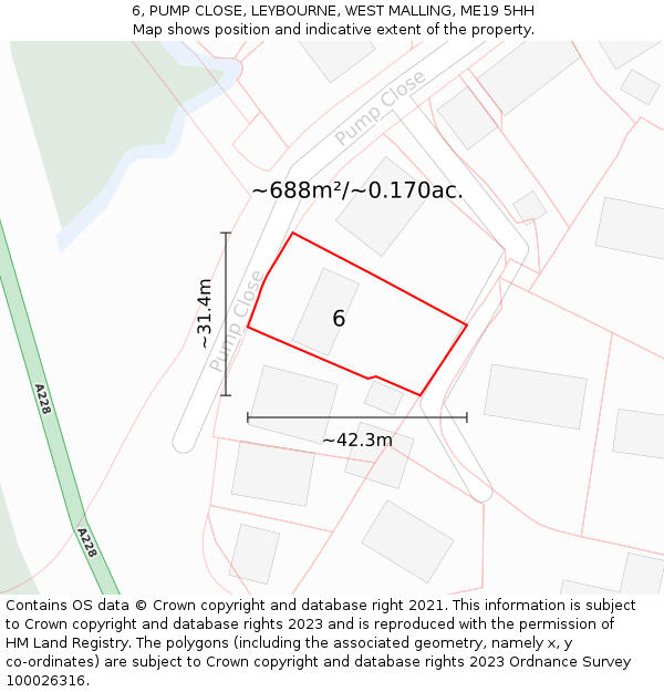 6, PUMP CLOSE, LEYBOURNE, WEST MALLING, ME19 5HH: Plot and title map