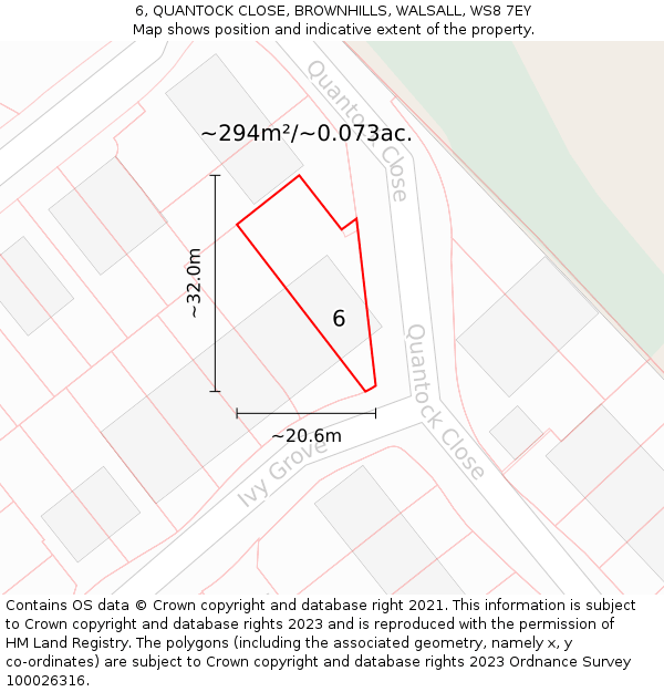 6, QUANTOCK CLOSE, BROWNHILLS, WALSALL, WS8 7EY: Plot and title map