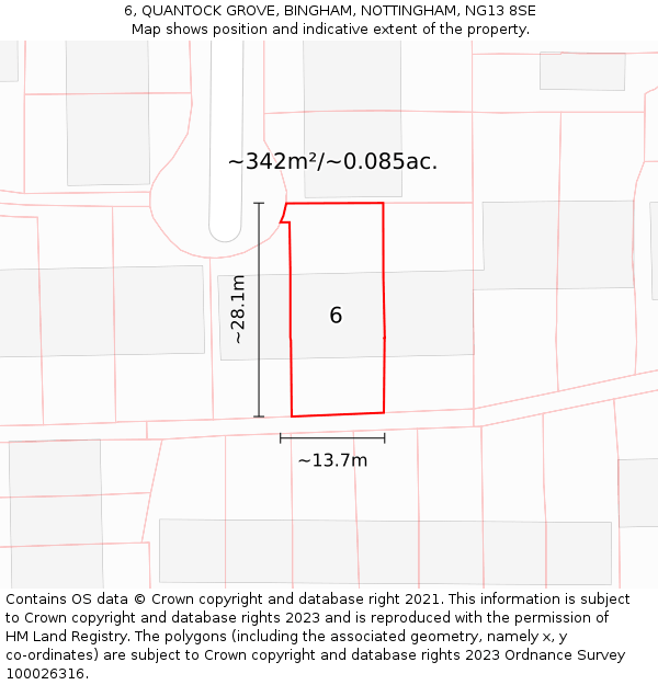 6, QUANTOCK GROVE, BINGHAM, NOTTINGHAM, NG13 8SE: Plot and title map
