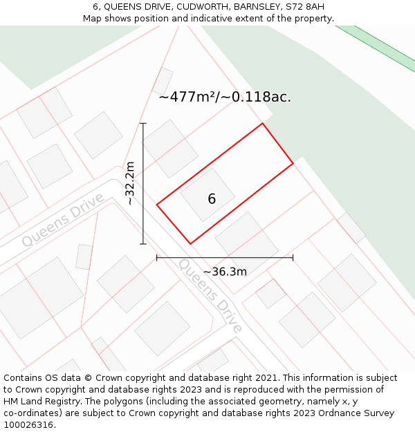 6, QUEENS DRIVE, CUDWORTH, BARNSLEY, S72 8AH: Plot and title map