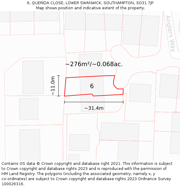 6, QUERIDA CLOSE, LOWER SWANWICK, SOUTHAMPTON, SO31 7JP: Plot and title map