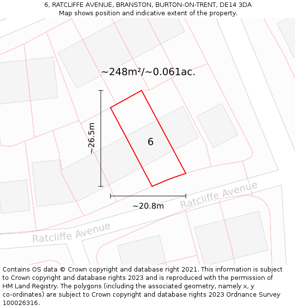 6, RATCLIFFE AVENUE, BRANSTON, BURTON-ON-TRENT, DE14 3DA: Plot and title map