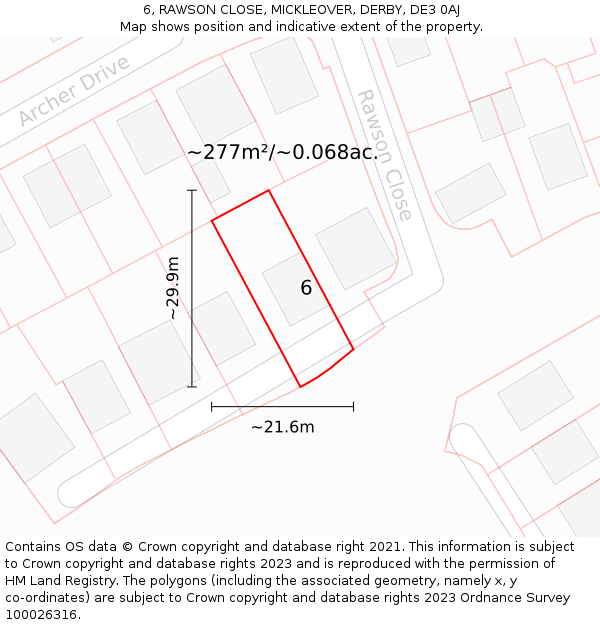 6, RAWSON CLOSE, MICKLEOVER, DERBY, DE3 0AJ: Plot and title map