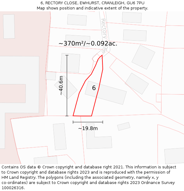6, RECTORY CLOSE, EWHURST, CRANLEIGH, GU6 7PU: Plot and title map
