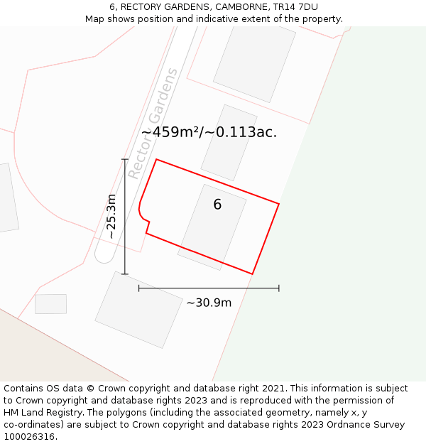 6, RECTORY GARDENS, CAMBORNE, TR14 7DU: Plot and title map
