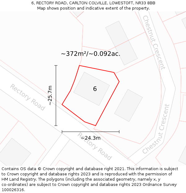 6, RECTORY ROAD, CARLTON COLVILLE, LOWESTOFT, NR33 8BB: Plot and title map