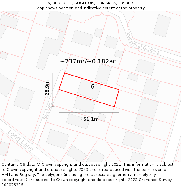 6, RED FOLD, AUGHTON, ORMSKIRK, L39 4TX: Plot and title map