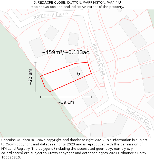 6, REDACRE CLOSE, DUTTON, WARRINGTON, WA4 4JU: Plot and title map
