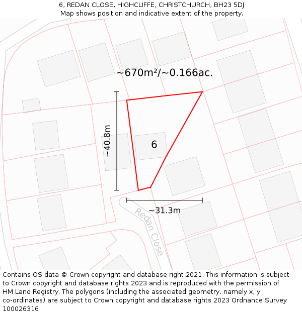 6, REDAN CLOSE, HIGHCLIFFE, CHRISTCHURCH, BH23 5DJ: Plot and title map