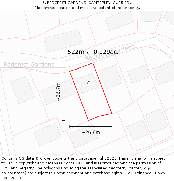 6, REDCREST GARDENS, CAMBERLEY, GU15 2DU: Plot and title map