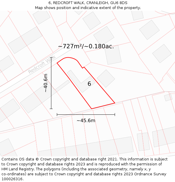 6, REDCROFT WALK, CRANLEIGH, GU6 8DS: Plot and title map