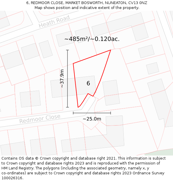 6, REDMOOR CLOSE, MARKET BOSWORTH, NUNEATON, CV13 0NZ: Plot and title map