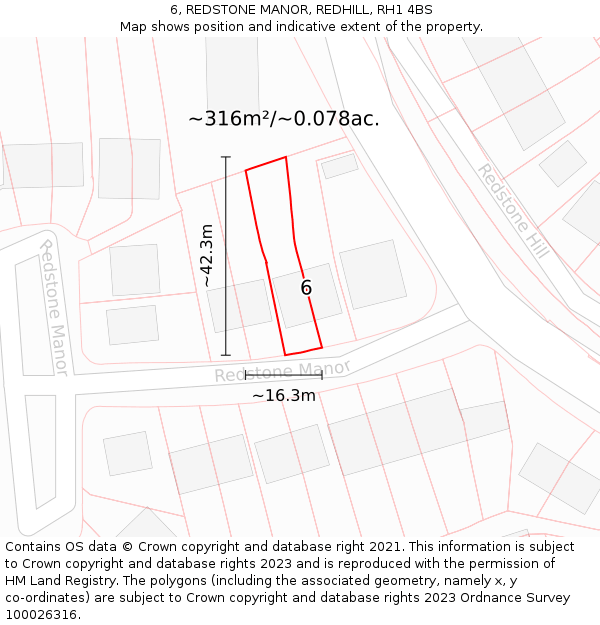 6, REDSTONE MANOR, REDHILL, RH1 4BS: Plot and title map