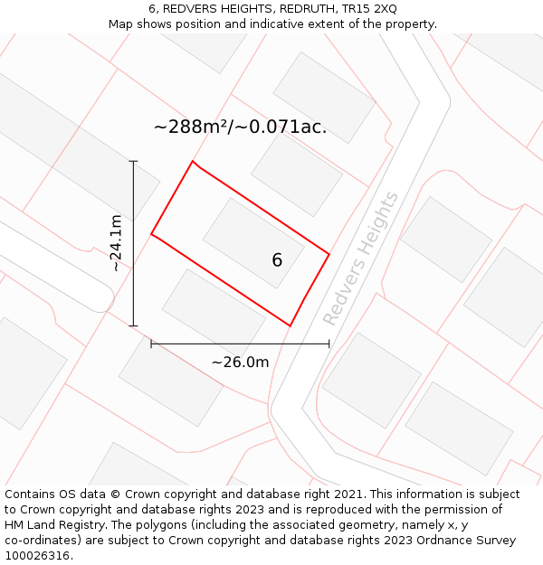 6, REDVERS HEIGHTS, REDRUTH, TR15 2XQ: Plot and title map